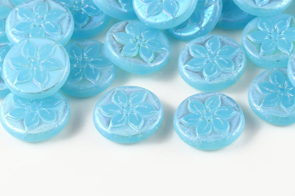 Plumeria 18mm Opaque Aquamarine AB Full 1-Hole Czech Beads