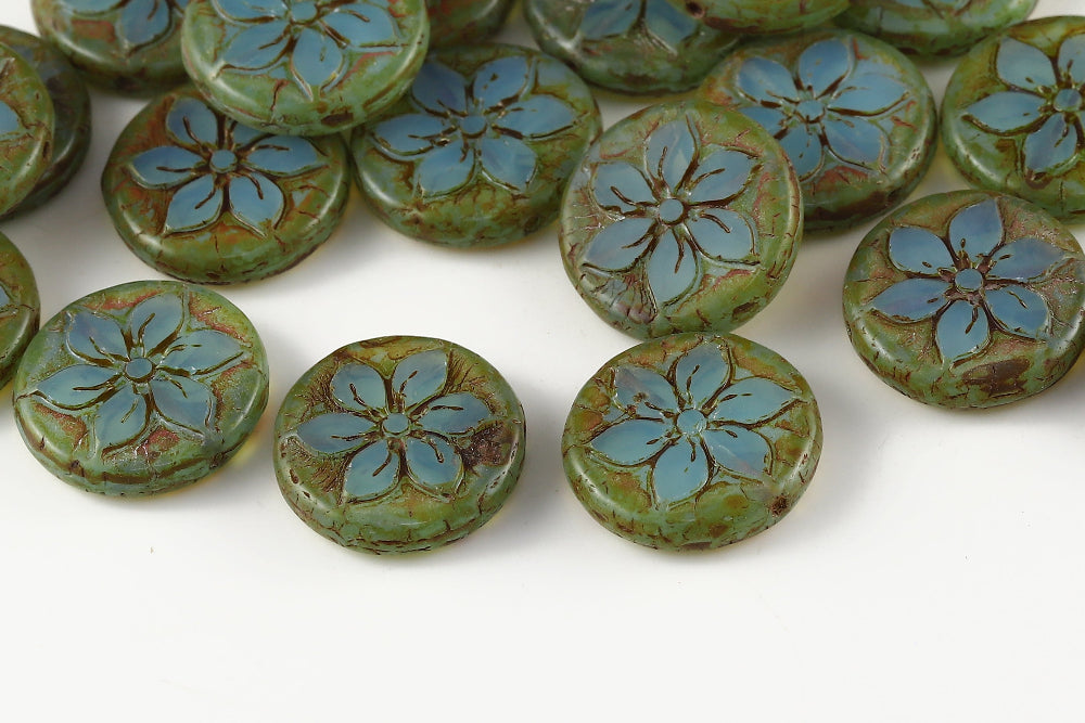 Plumeria 18mm Opaque Aquamarine Travertin 1-Hole Czech Beads