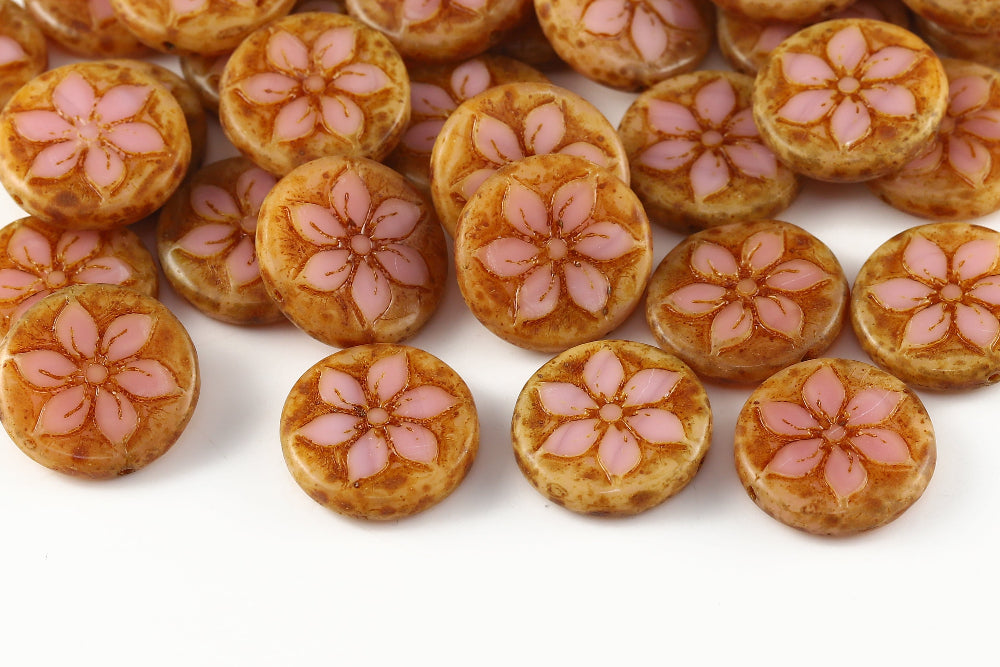Plumeria 18mm Rose Travertin 1-Hole Czech Beads
