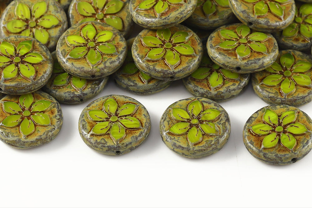 Plumeria 18mm Silk Peridot Travertin 1-Hole Czech Beads