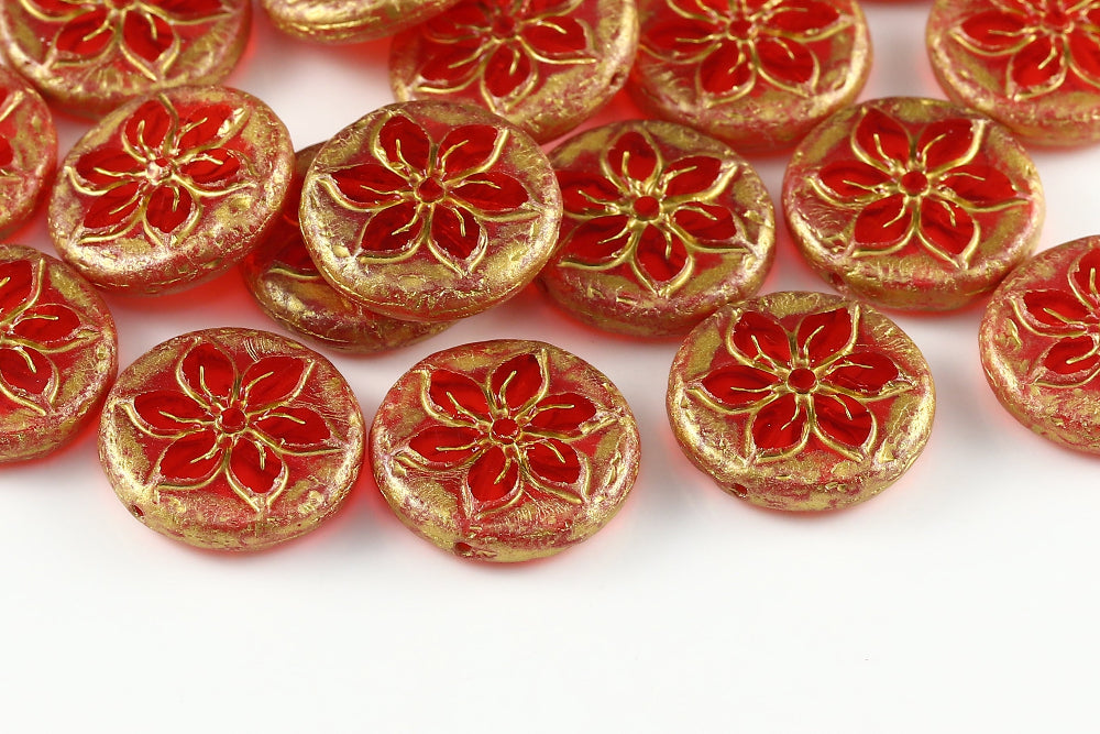 Plumeria 18mm Lt.Siam Gold Speckle 1-Hole Czech Beads