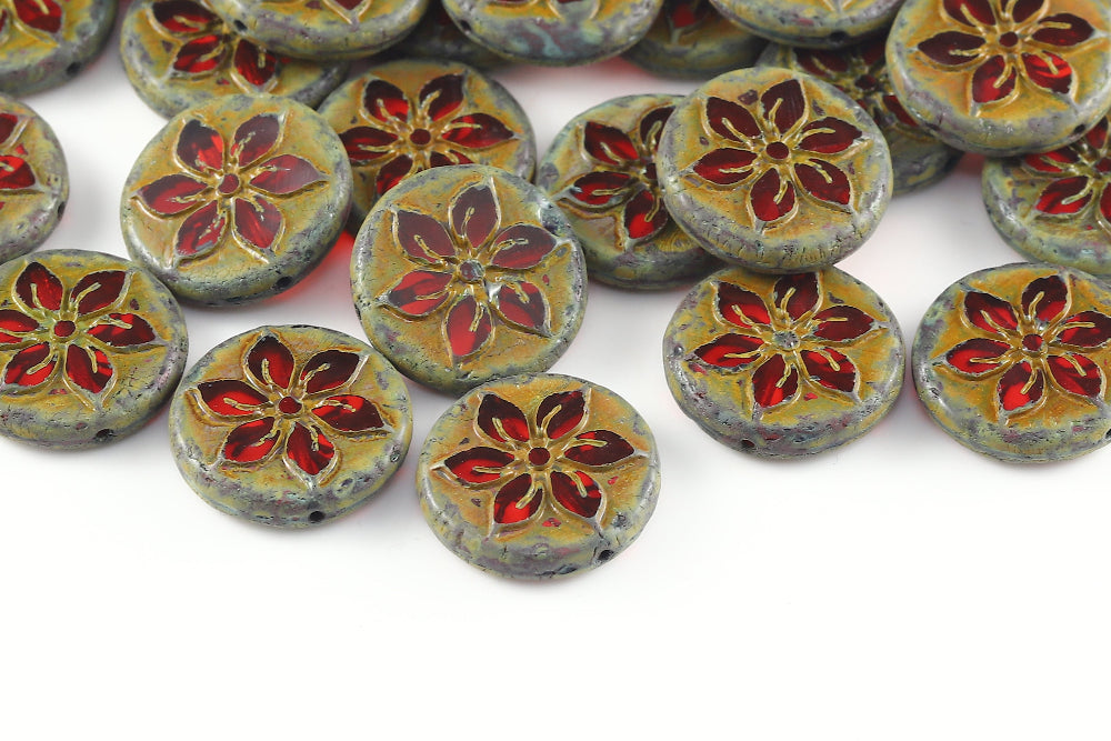 Plumeria 18mm Lt.Siam Travertin 1-Hole Czech Beads