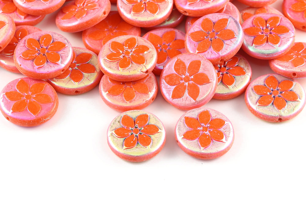 Plumeria 18mm Opaque Orange AB Full 1-Hole Czech Beads