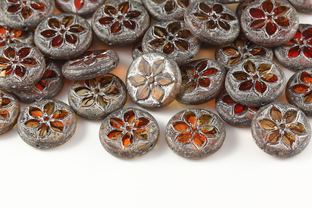 Plumeria 18mm Crystal Hyacinth Mixed Travertin With Silver 1-Hole Czech Beads