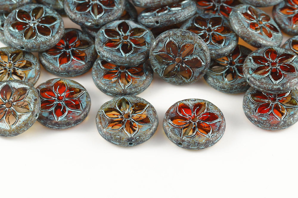Plumeria 18mm Crystal Hyacinth Mixed Travertin With Blue 1-Hole Czech Beads