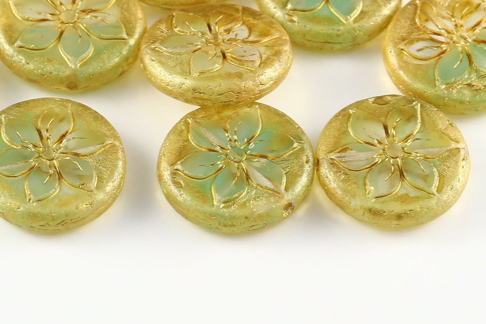 Plumeria 18mm Crystal Caribbean Sea Mixed Gold Speckle 1-Hole Czech Beads