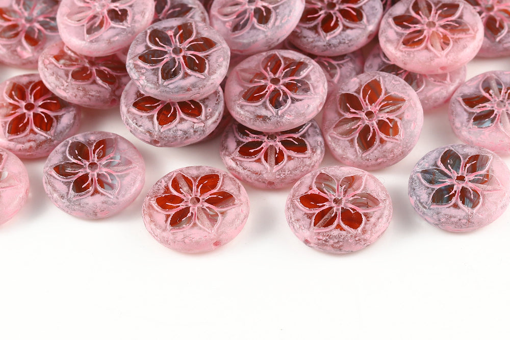 Plumeria 18mm Lt.Siam&Aquamarine&Crystal Pink 1-Hole Czech Beads
