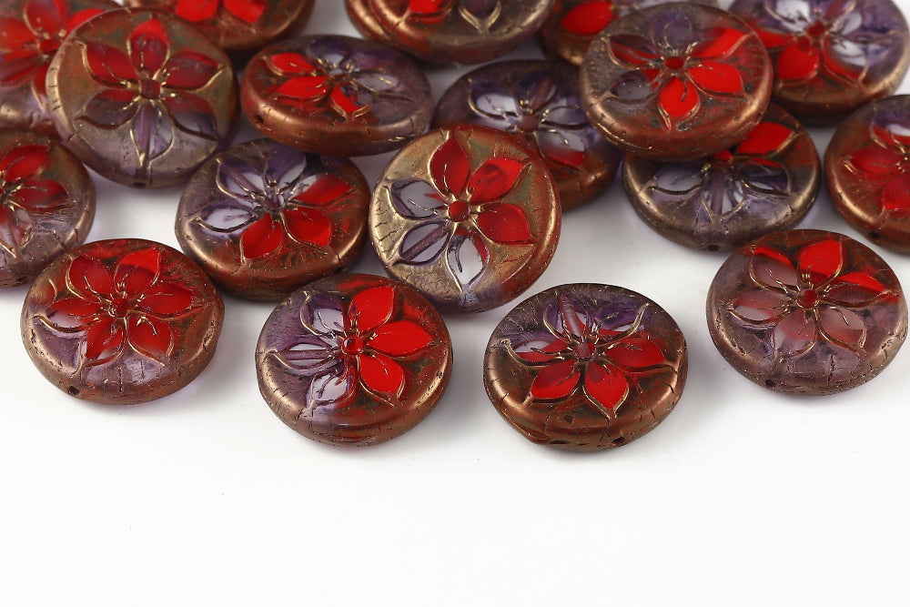 Plumeria 18mm Crystal Lt.Siam Mixed Violet Luster 1-Hole Czech Beads