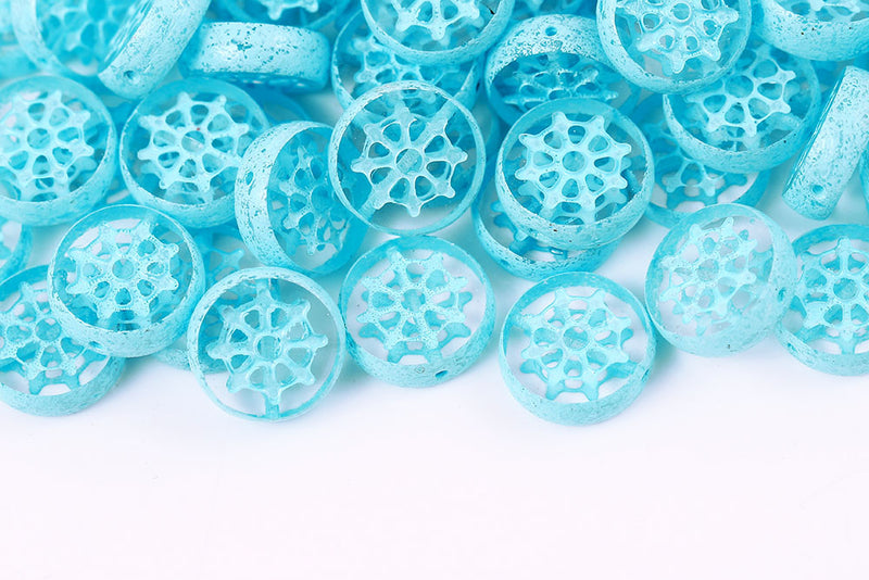 Wheel Coin 12mm Crystal Aqua Finish 1-Hole Czech Beads