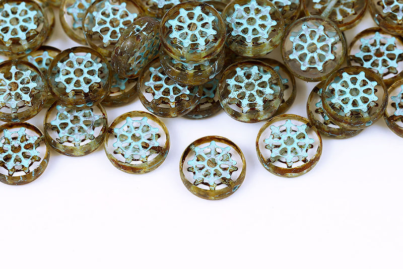 Wheel Coin 12mm Crystal Travertin With Blue 1-Hole Czech Beads