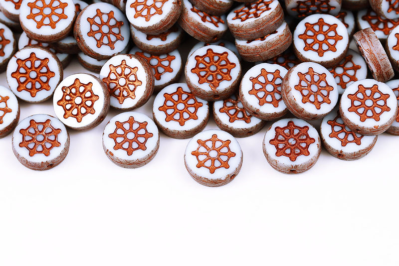 Wheel Coin 12mm Chalk Nebula With Copper 1-Hole Czech Beads