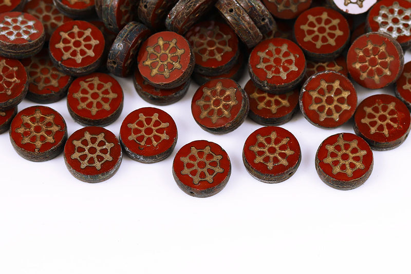 Wheel Coin 12mm Chocolate Travertin With Gold 1-Hole Czech Beads