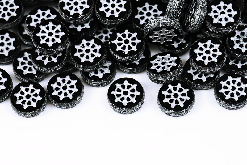 Wheel Coin 12mm Jet Travertin With Silver 1-Hole Czech Beads