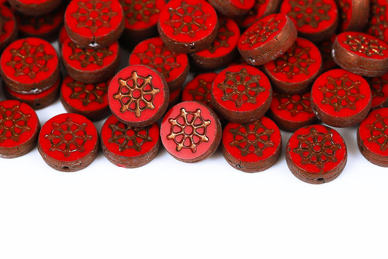 Wheel Coin 12mm Opaque Coral Red Violet Luster 1-Hole Czech Beads