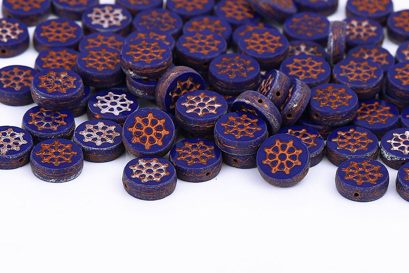 Wheel Coin 12mm Opaque Dark Sapphire With Copper Matt 1-Hole Czech Beads