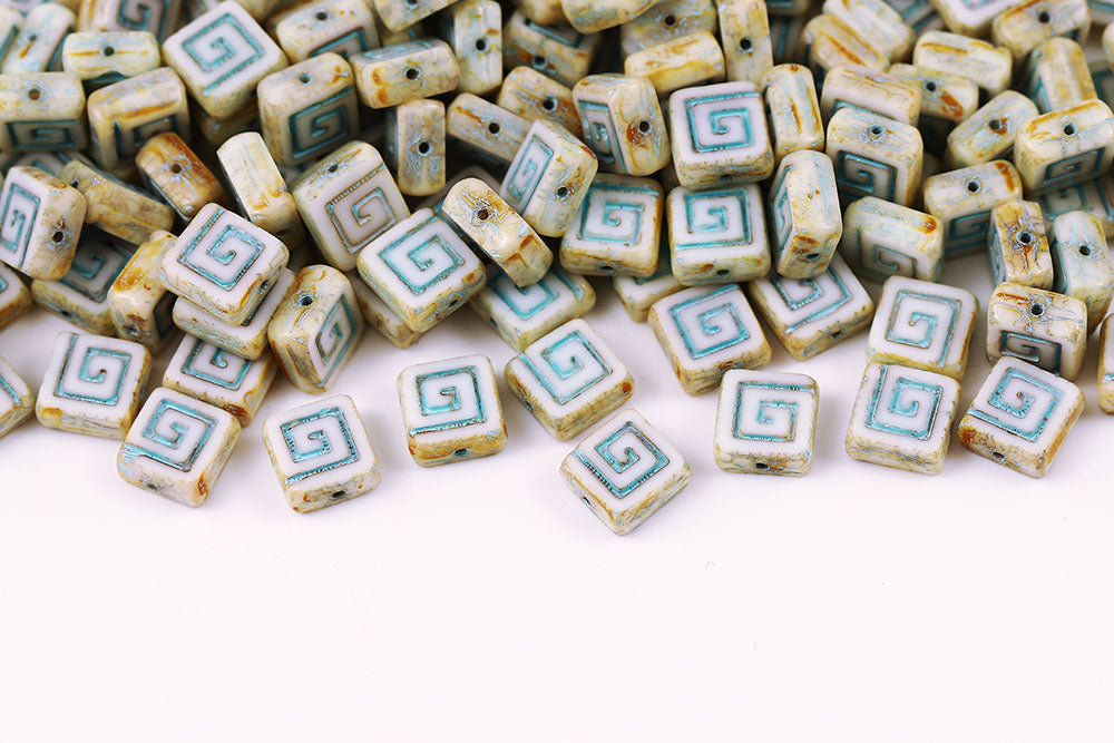 Squared Designed 9×9mm Chalk Travertin With Blue 1-Hole Czech Beads
