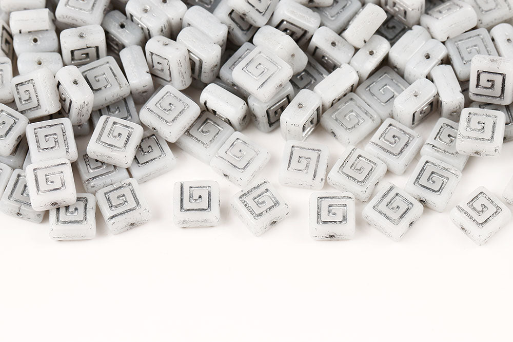 Squared Designed 9×9mm Chalk With Silver 1-Hole Czech Beads