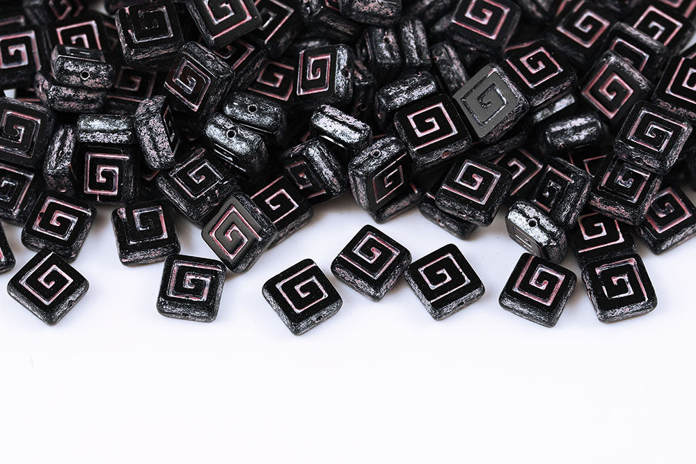 Squared Designed 9×9mm Black Pink Finish 1-Hole Czech Beads