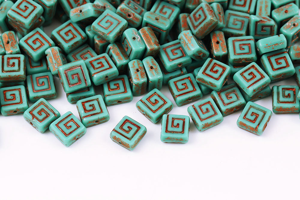 Squared Designed 9×9mm Turquoise Green With Copper 1-Hole Czech Beads