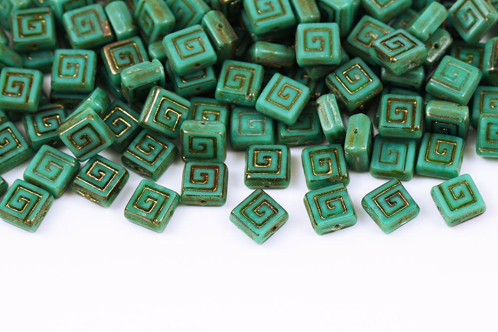 Squared Designed 9×9mm Turquoise Green Travertin Gold Shiny 1-Hole Czech Beads