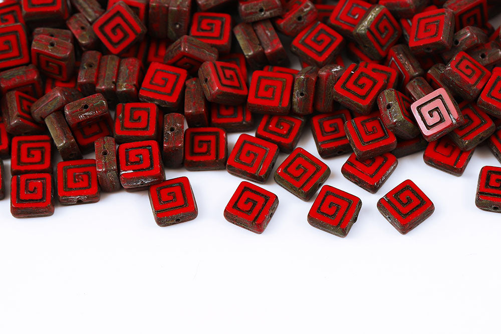 Squared Designed 9×9mm Opaque Coral Red Travertin 1-Hole Czech Beads
