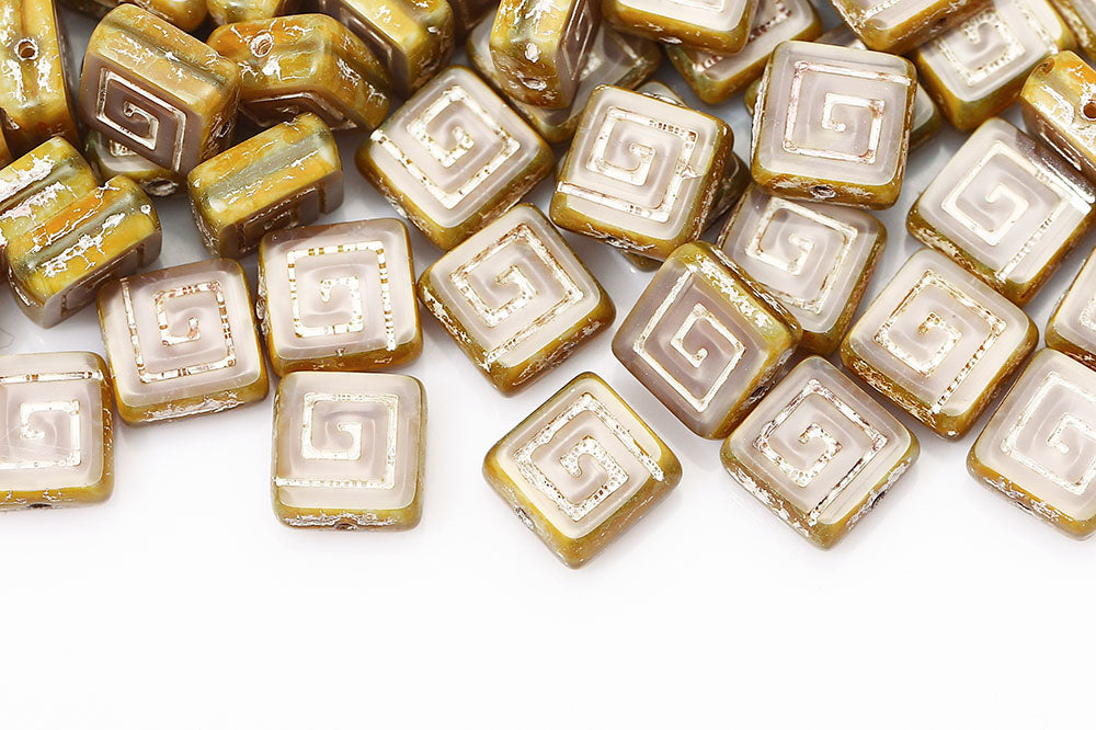 Squared Designed 9×9mm Silk Purple Travertine With White 1-Hole Czech Beads