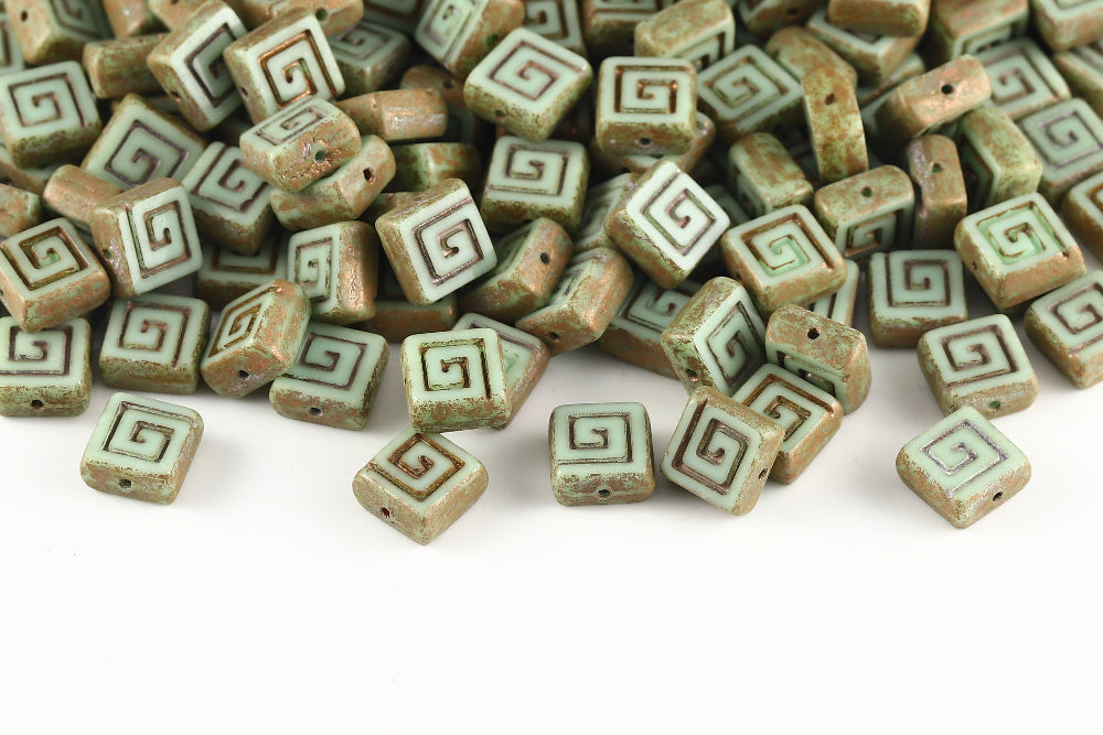 Squared Designed 9×9mm Chrysolite Copper 1-Hole Czech Beads