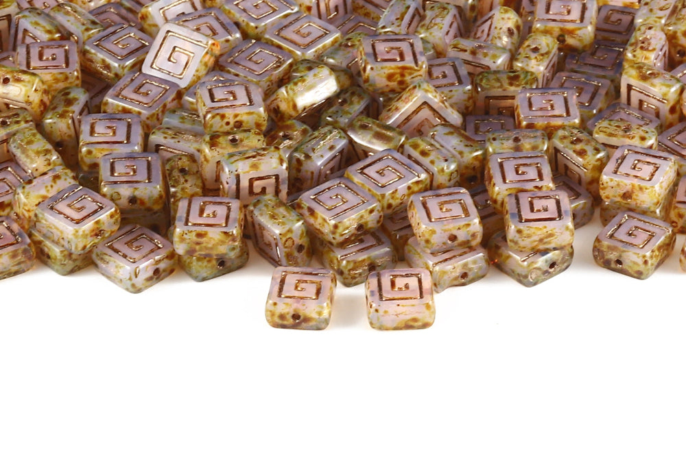 Squared Designed 9×9mm Lt.Rose Travertin With Copper 1-Hole Czech Beads