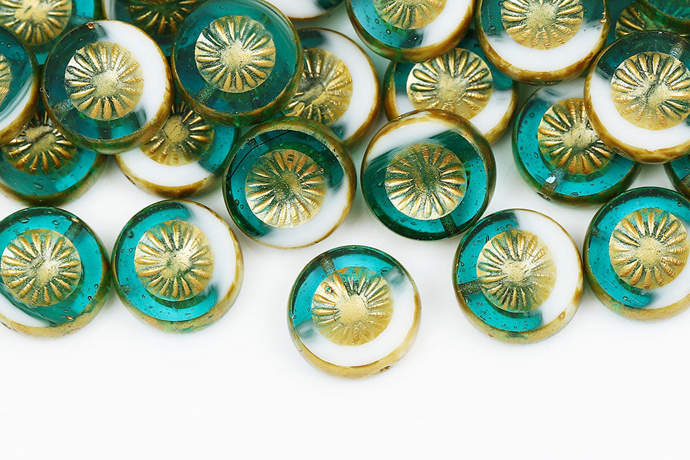 Kiwi Coins 12mm White Aqua Mixed Gold Finish 1-Hole Czech Beads