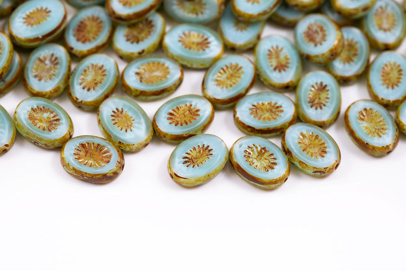 Kiwi 14×10mm Opal Silk Aqua Dark Travertin 1-Hole Czech Beads