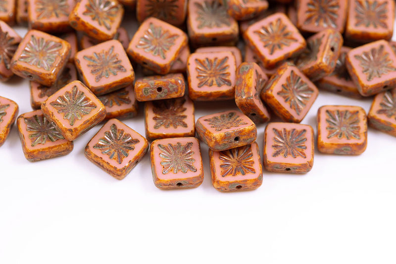 Squared Kiwi 10×10mm Peach Travertin 1-Hole Czech Beads