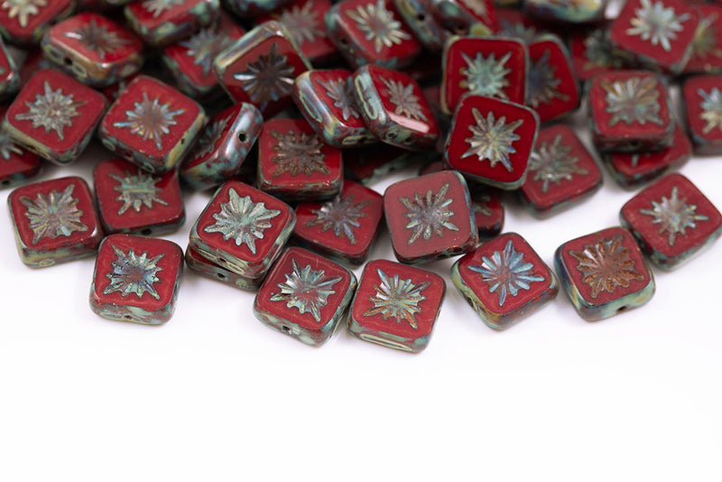 Squared Kiwi 10×10mm Dark Red Travertin 1-Hole Czech Beads