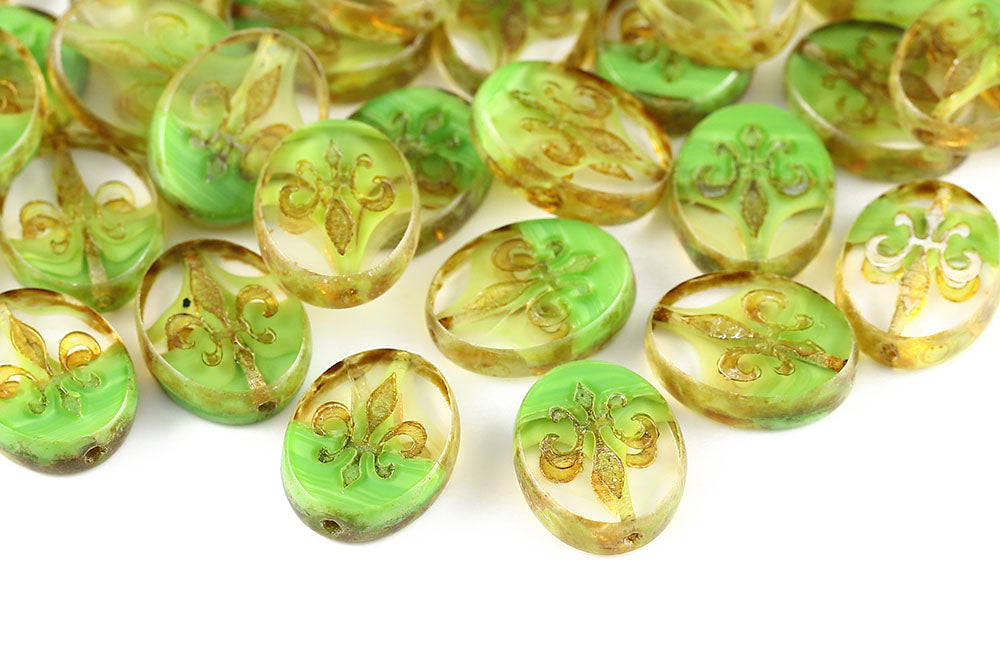 Iris 17×13mm Crystal Green Mixed Travertin 1-Hole Czech Beads