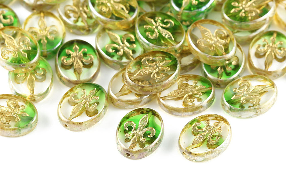 Iris 17×13mm Crystal Green Mixed Picasso With Gold 1-Hole Czech Beads