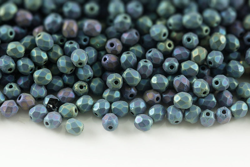 Czech Fire Polished 4mm Jet Green Iris Matt Round Beads