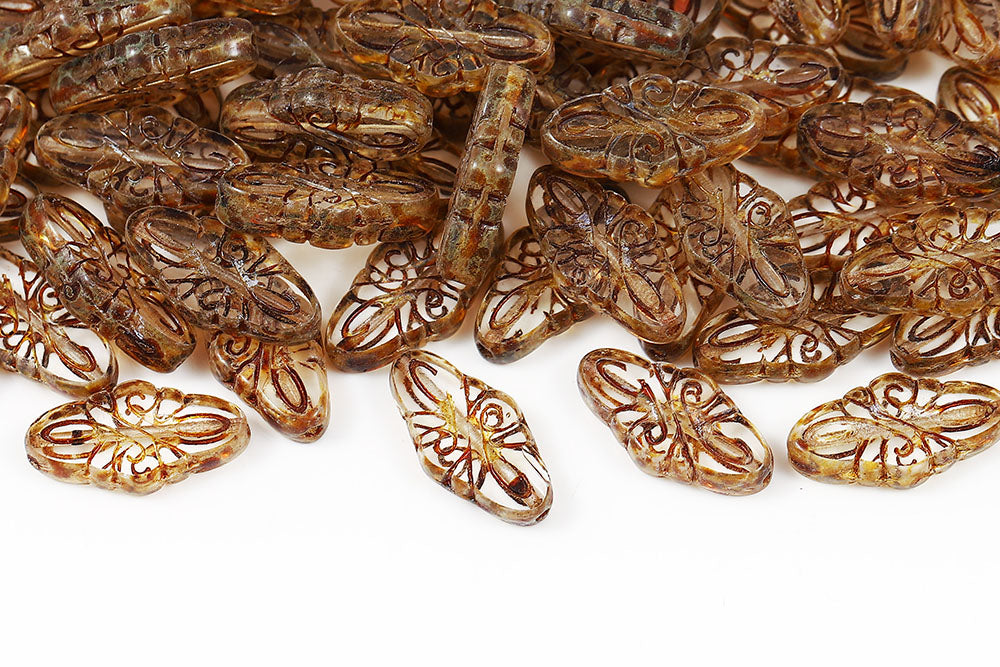 Arabesque 19×9mm Crystal Travertine With Copper 1-Hole Czech Beads