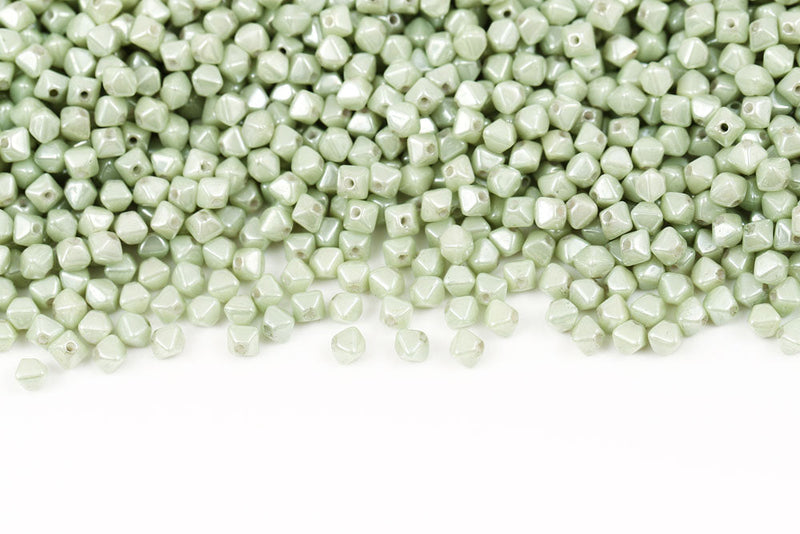 Bicone 4×4mm Alabaster White Green Luster 1-hole Czech Beads