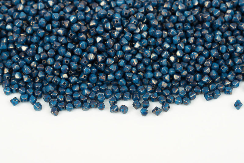 Bicone 4×4mm Turquoise Dark Blue With Gold Marble Finish 1-hole Czech Beads