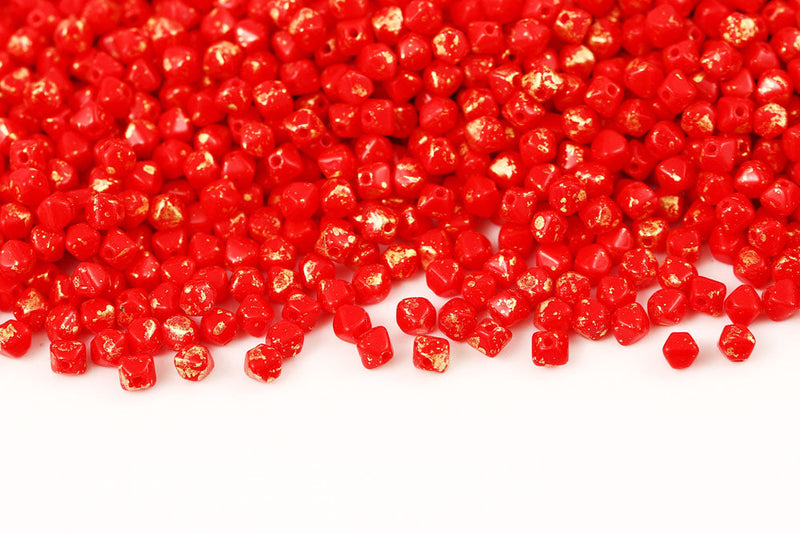 Bicone 4×4mm Coral Red Gold Splash 1-hole Czech Beads