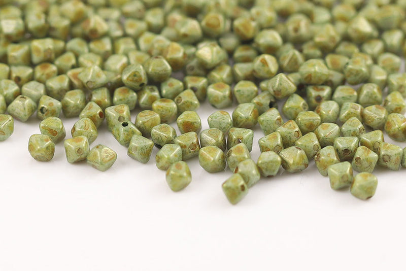 Bicone 4×4mm White With Green Picasso Finish 1-hole Czech Beads