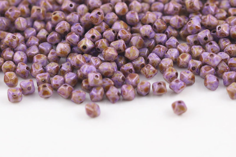 Bicone 4×4mm White With Purple Picasso Finish 1-hole Czech Beads