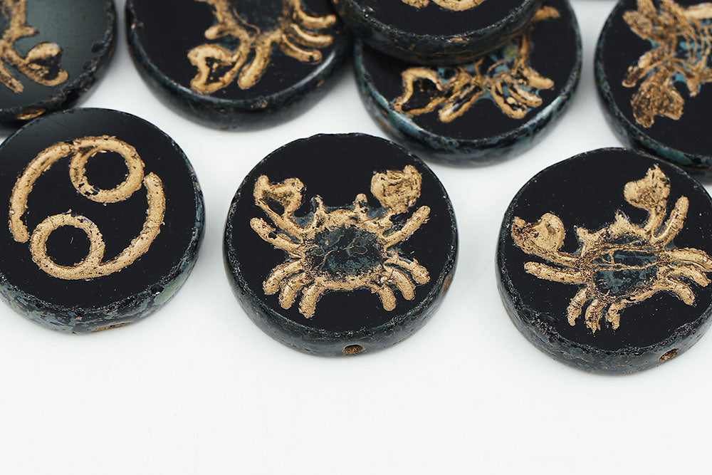 Cancer Coin 18mm Black Travertin With Gold 1-Hole Czech Beads