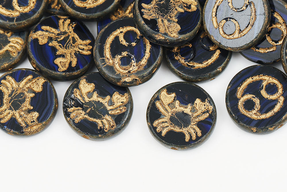 Cancer Coin 18mm Blue Black Stripes Travertin With Gold 1-Hole Czech Beads