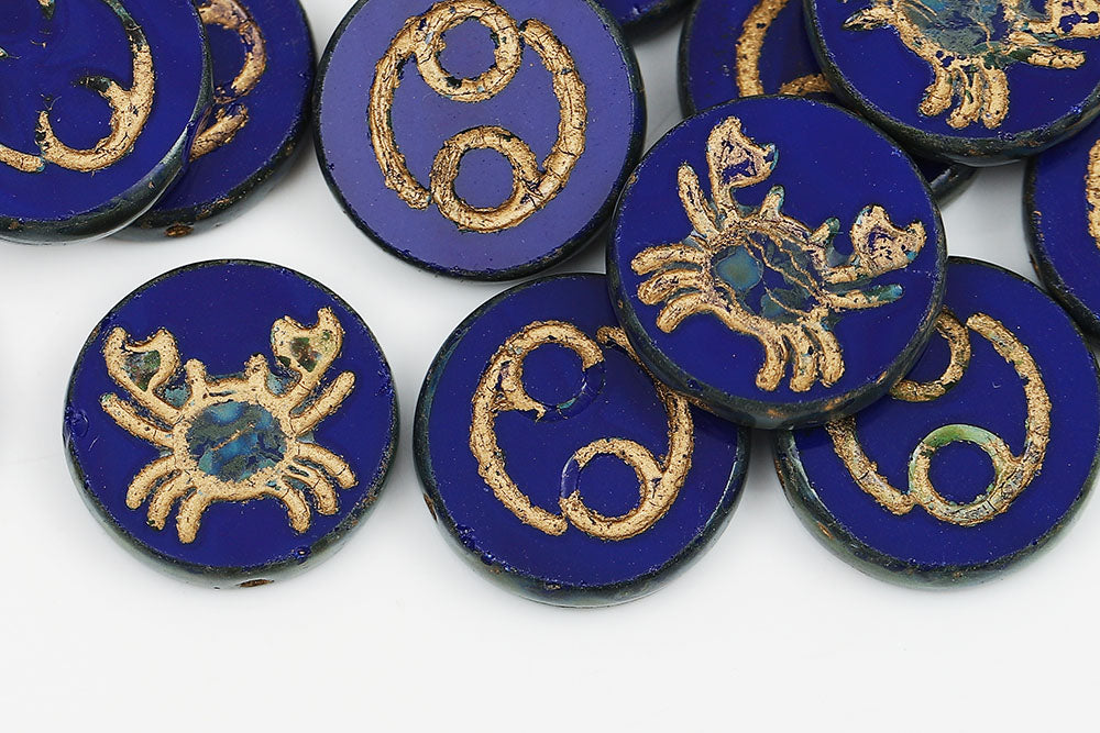 Cancer Coin 18mm Navy Blue Travertine With Gold 1-Hole Czech Beads