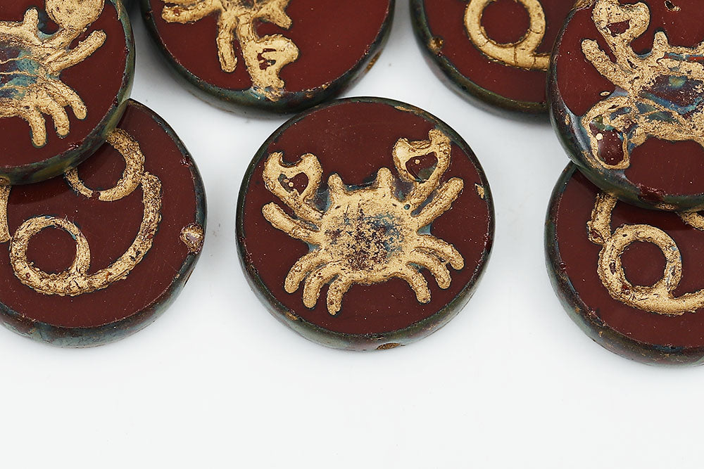 Cancer Coin 18mm Opaque Brown Travertin With Gold 1-Hole Czech Beads