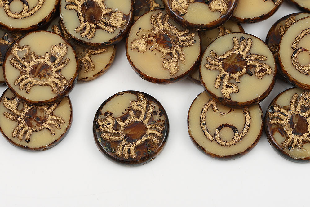 Cancer Coin 18mm Opaque Ivory Travertine With Gold 1-Hole Czech Beads