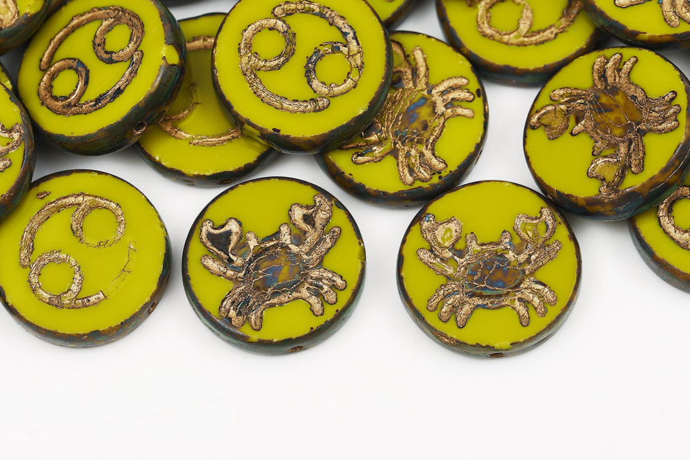 Cancer Coin 18mm Opaque Olivine Travertin With Gold 1-Hole Czech Beads