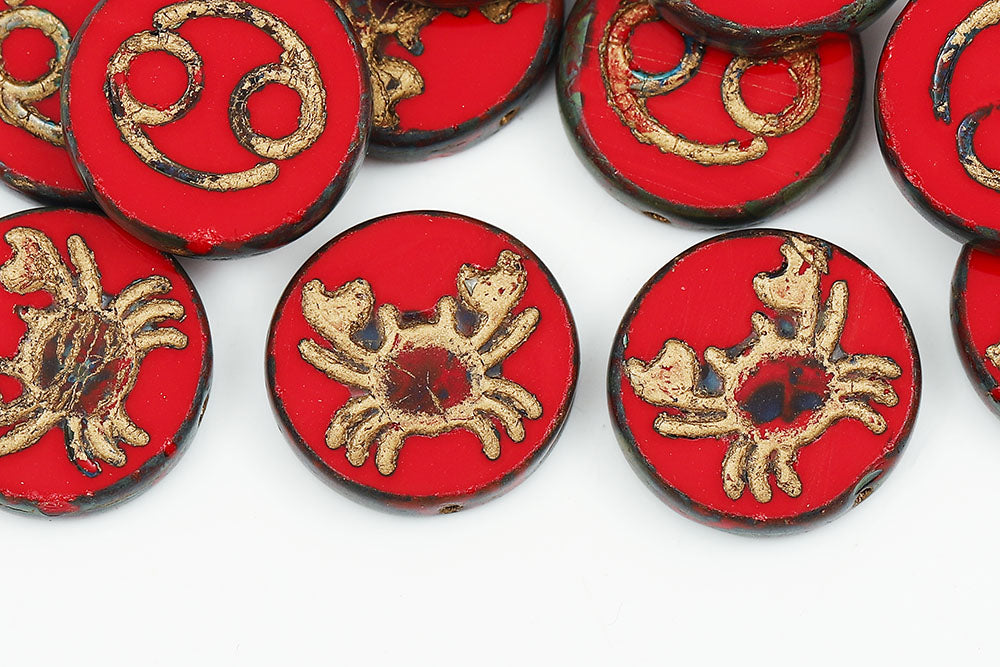 Cancer Coin 18mm Opaque Red Travertin With Gold 1-Hole Czech Beads