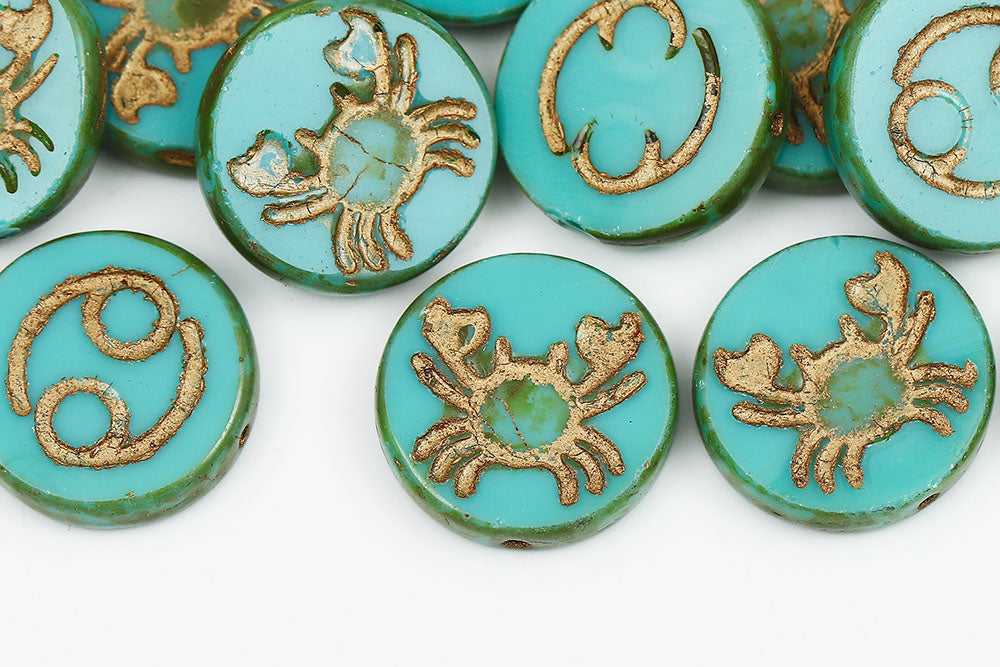 Cancer Coin 18mm Turquoise Green Travertine With Gold 1-Hole Czech Beads