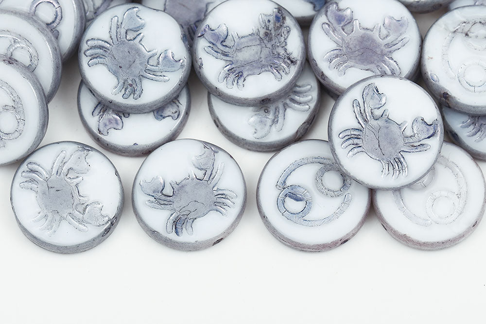 Cancer Coin 18mm White Blue Luster 1-Hole Czech Beads